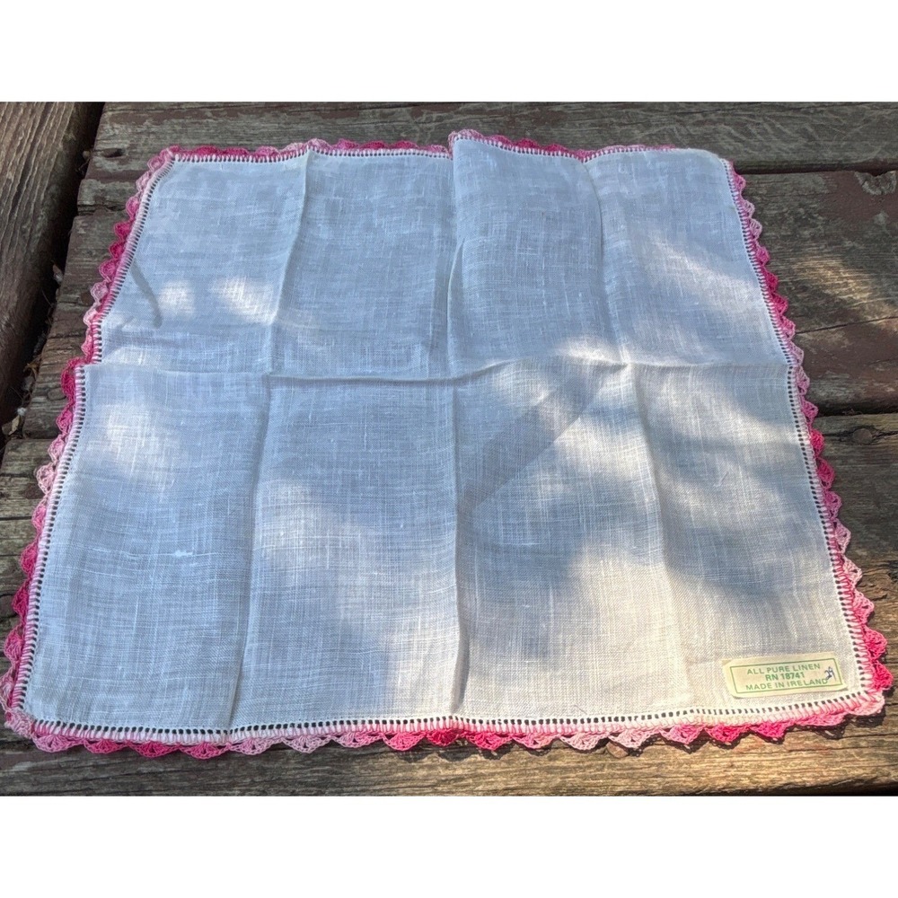 Vintage NWT Irish Linen Handkerchief With Pink Crochet Lace Trim